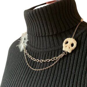 Handmade Short necklace asymmetrical skull double chains B&W